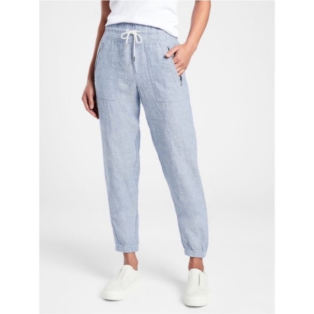 Athleta Cabo Linen Blue Chambray Coastal Zipper Pocket Joggers or Pants Size 4